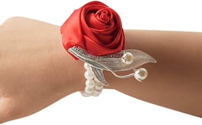 Bruids Pols Corsage - Bloem Armband - Feestelijke Decoratie - Elegant Parels Design - Rood