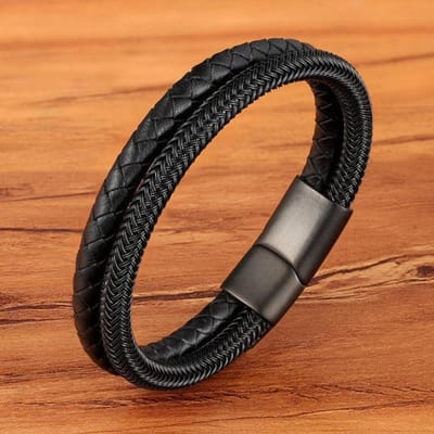 Mode Roestvrijstalen Charm Magnetische Zwarte Heren Armband Leer Echt Gevlochten Punk Rock Bangles Sieraden Accessoires Vriend 23cm black