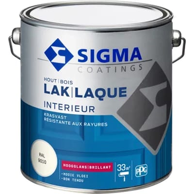 Sigma Houtlak Interieur Glans - Kras- & Slijtvast - Droog na 1 uur - Geurarm - RAL 9010 - Wit - 2,5L