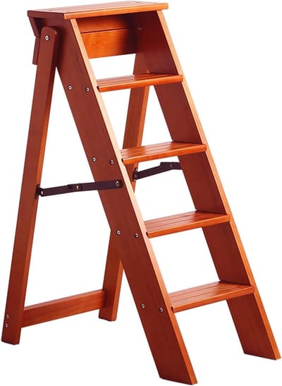 Houten Opvouwbare Trap - Keuken Stoel Ladder - Huishoudelijke Klusjes - Extra Brede Treden - 5 Treden - Bruin