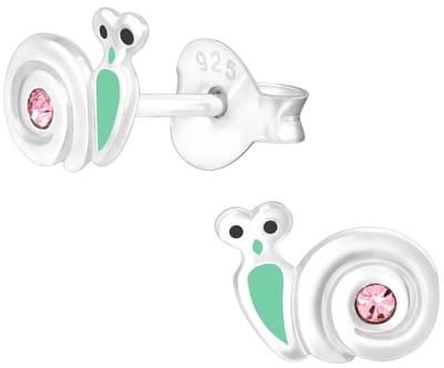 Joy|S - Zilveren slak oorbellen - 8 x 5 mm - zilver groen met roze kristal - kinderoorbellen