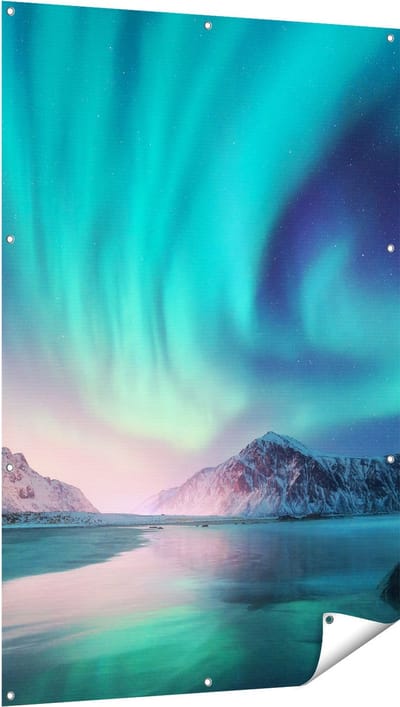 Gards Tuinposter Groene Noorderlicht in Noorwegen - 100x150 cm - Tuindoek - Tuindecoratie - Wanddecoratie buiten - Tuinschilderij