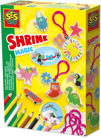 SES Creative - Krimpfolie - Sleutelhangers maken - inclusief kleurpotloden, hangers en lint - knutselpakket - Creatief - Knutselen