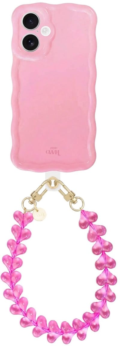 xoxo Wildhearts Glossy Wavy Case Bubble Blush - Funky Hearts - geschikt voor iPhone 17 - hoesje met telefoonkoord - afneembaar harten koord - hartjesketting - kort telefoonkoord - hoesje met golven - Roze