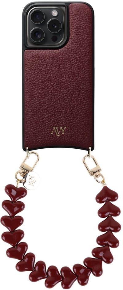 AVY Leren Hoesje Geschikt voor Apple iPhone 15 Pro | Compatibel met MagSafe | Leather Case met Telefoonkoord | Polsband | Burgundy | Cupid Burgundy