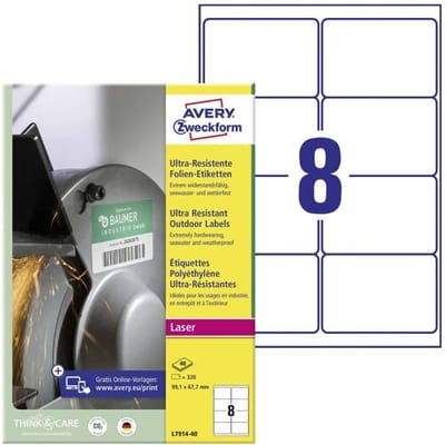 Avery-Zweckform L7914-40 Folie-etiketten 99.1 x 67.7 mm Polyethyleen folie Wit 320 stuk(s) Permanent hechtend Laser (kleur), Laser (zwart/wit),