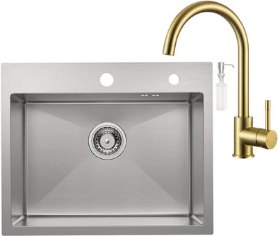 CECIPA max Spoelbak 55x45CM - Spoelbak Keuken Met Goud Keukenkraan - Spoelbak Met Kraangat - Enkele spoelbakken RVS - Spoelbakken Keuken – Spoelbakken met Afvoer