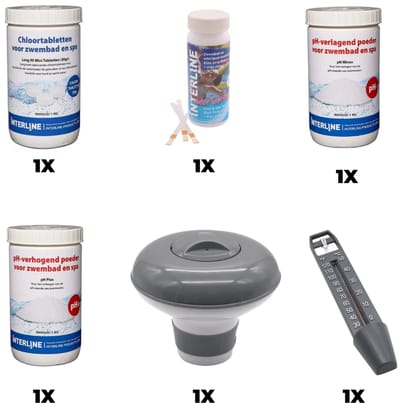 Zwembad Onderhoudspakket - Starterset bevat Chloor - Chloordrijver - PH-min en PH-plus - Testrips - Thermometer - Zwembad Onderhoud Starterspakket - Chloortabletten - Voor zwembaden en Spa's - Voor Zwembaden