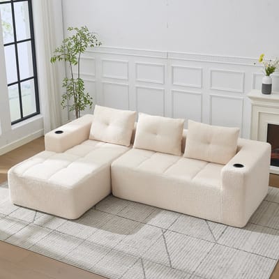 STILVORA Hoekbank 258 Cm - Diepe Zit Met Bekerhouders - Voor Woonkamer, Appartement En Wachtruimte - Polyester - Beige
