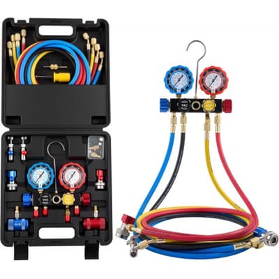 VEVOR AC airconditioning drukmeterset voor R134a/R404A/R1234yf/R22 koudemiddelen, 4-weg drukmeter met 1,5 m slangen, adapters, snelkoppelingen en aansluitklemmen. Geschikt voor auto-airconditioningsystemen.
