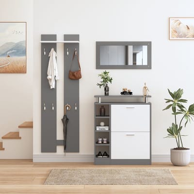 DESMIU Kapstokset Voor Hal - Ruimtebesparend Design Met Spiegel En Schoenenkast - Voor Entree En Gang - Spaanplaat - Grijs Wit - 80x25x96,5 Cm