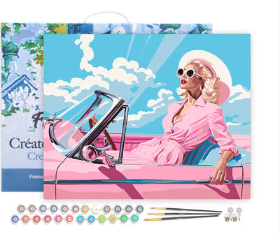 Figured'Art Schilderen op Nummer Volwassenen met lijst Diva in een Roze Retro Auto- Handwerk acrylverf Kit DIY Compleet - 40x50cm Canvas al ingelijst