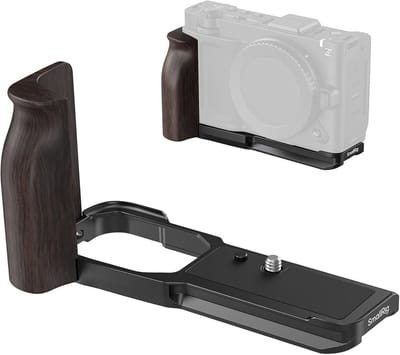 L-vormige montagesteun met houten handvat voor Nikon camera's en accessoires, ideaal voor stabiliteit en grip