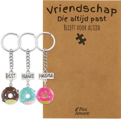 BFF Sleutelhanger voor 3 'Vriendschap die altijd past' - Donuts - Sleutelhanger set op Cadeau Kaartje - Zilverkleurig - Vriendschap Symbool - Pax Amare