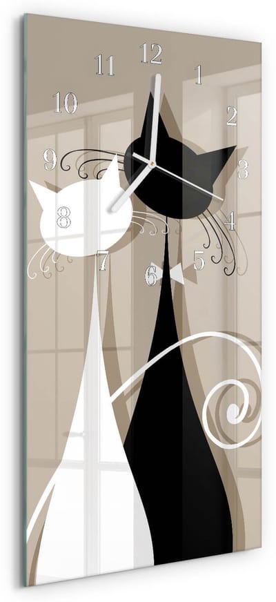 Tulup Wandklok - Katten Moderne Glazen Wandklok - 30x60 cm - Beige Wandklok Glas Met Motief - Witte Handen - Rechthoekige Wandklok - Gekleurde Glazen Klok - Glazen Klok Met Print