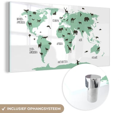 ® Glasschilderij 120x60 cm - Schilderij acrylglas - Wereldkaart kinderen - Dieren - Groen - Foto op glas - Muurdecoratie woonkamer - Wanddecoratie slaapkamer - Schilderijen