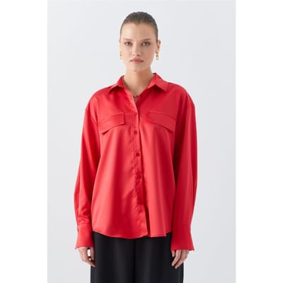 Satin Knopblouse met Pocketdetail