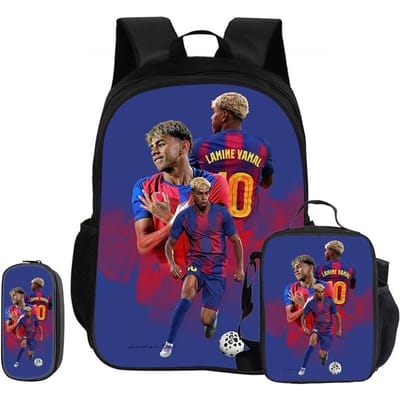 Kinderrugzak L-Lamin Yamal Voetbalster 3-delige Set Schoolrugzak Etui's Boekentas met Lunchtas Sportrugzak Kindercadeau