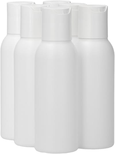 6 x 100 ml ronde fles HDPE wit + Disc-Top wit - BPA Vrij - Niet Breekbaar - Plastic Flesjes Navulbaar - Met Dop - Lege Flessen - 6 stuks