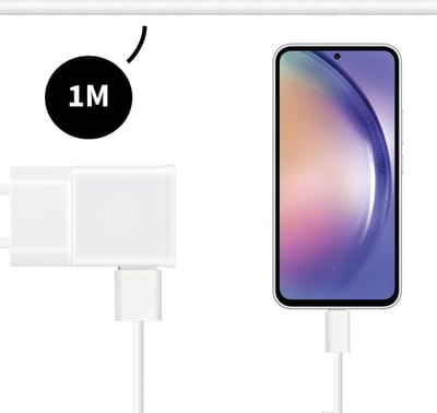 Snellaad Oplader - Snellader Geschikt voor Samsung Telefoon en Tablet - USB C naar USB A - 1 Meter - Oplaadkabel - USB C Adapter - 15W Vermogen - Incl. USB C Kabel - Adaptive Fast Charger - Stekkerblok - Wit