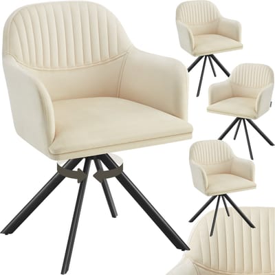 tectake® Fluwelen draaistoel - Bureaustoel - Eetkamerstoel met armleuningen - Fluwelen bureaustoel, keukenstoel, woonkamerstoel - 56 x 59 x 81 cm - Set van 4 - Creme/zwart