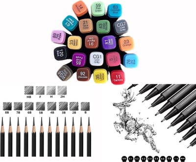 Goodz4All Tekenset voor Volwassenen , 21 Twinmarkers , Dubbelzijdige Alcohol Stiften , 10 Zwarte Watervaste Pigment Fineliners / Tekenpennen Verschillende Puntdiktes, 12 Professionele Schetspotloden 8B, 7B, 6B, 5B, 4B, 3B, 2B, B, HB, F, H, 2H