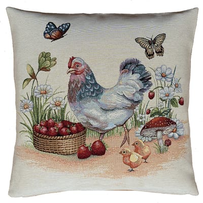 Kussenhoes - Luxe gobelinstof - Kip - Vlinders - Kuikentjes - Paddestoelen - Farm - Boerderij - 45 cm