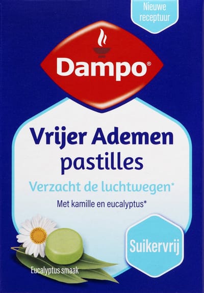 Dampo Vrijer Ademen Keelpastilles - Helpen om vrijer te ademen en de luchtwegen te verzachten dankzij kamille* - Verzachting van de keel door eucalyptus* en menthol* - Suikervrij - Eucalyptus smaak - 20 keelpastilles