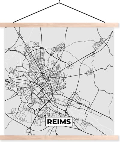 Posterhanger incl. Poster 40x40 cm - Schoolplaat - Frankrijk - Reims - Stadskaart - Plattegrond - Kaart - Textielposter - Blanke latten - Stadskaart