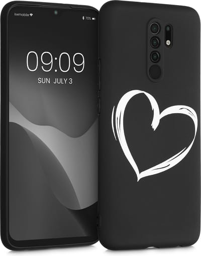 kwmobile telefoonhoesje geschikt voor Xiaomi Redmi 9 - Hoesje voor smartphone in wit / zwart - Backcover van TPU - Brushed Hart design