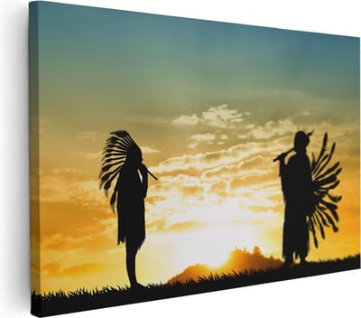 Artaza Canvas Schilderij Zonsondergang - 30x20 cm - Klein - Wanddecoratie Indianen - Muurdecoratie Silhouet - Kamer Accessoires Natuur