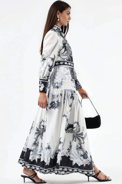 Bloemen Maxi Jurk met Overhemdkraag en Riem