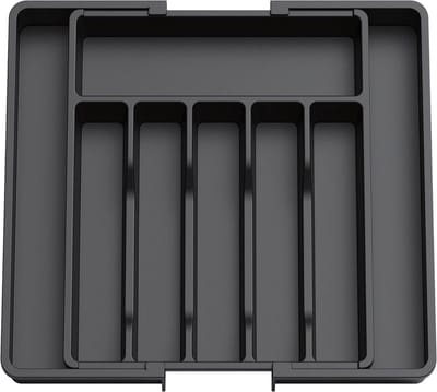 Besteklade Uitschuifbare met 8 Vakken - Bestekbak Verstelbare voor Lepels, Vorken, Messen - Lade Organizer Keukenlade - 33.5 / 57 x 38 x 5cm - Bestekhouder Keuken - Kunststof - Zwart