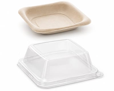 Sabert suikerriet schaal met deksel voor snacks - burgers - tosti - 14x14cm - 50 stuks