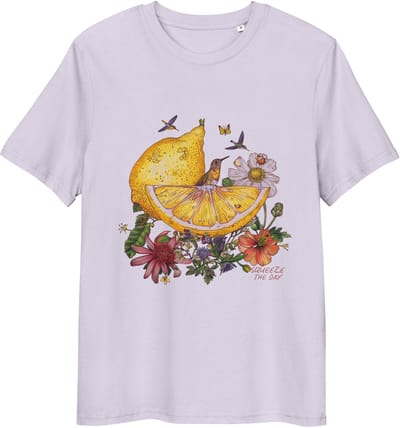 Botanisch Zomer T - Shirt - Dames Heren - Bloemen Fruit en Kolibries Print - Lavendel Paars - S