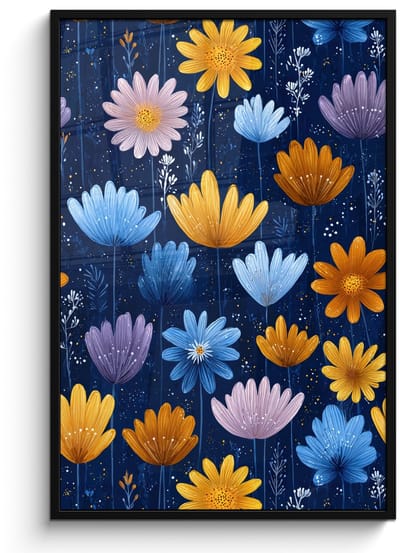 Poster in lijst - Fotolijst 80x120 cm - Posters - Bloemen - Patroon - Blauw - Contrast - Posterlijst zwart - Decoratie - Wanddecoratie woonkamer - Muurdecoratie slaapkamer