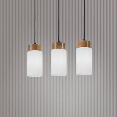 Lamkur Markus hanglamp, opaalglas/eikenhout, lengte 60 cm 3-lamps.
