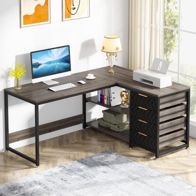 TRIBESIGNS Bureau - Computerbureau met 4 Laden - L-Vormig Computertafel 2 Planken- Bureautafel voor Kantoor, Studeerkamer, Woonkamer - 150×110×75 cm - Grijs