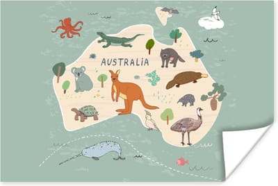 Dieren - Australië - Wereldkaart - Kinderen - Jongens - Blauw - Kids - 30x20 cm - Poster