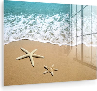 MuchoWow® Glasschilderij 120x90 cm - Schilderij acrylglas - Zeester - Strand - Zee - Foto op glas - Muurdecoratie woonkamer - Wanddecoratie slaapkamer - Schilderijen