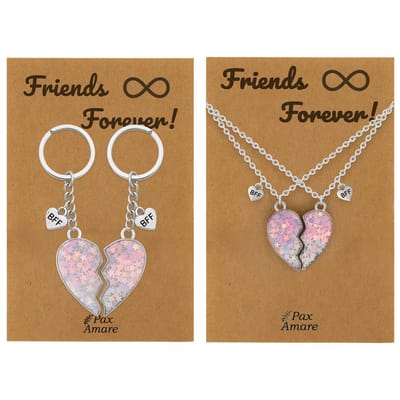 BFF Ketting + Sleutelhanger voor 2 ' Friends Forever' - Magnetisch Hartje - Bundel op Cadeau Kaartje - Zilverkleurig - Vriendschap Symbool - Pax Amare
