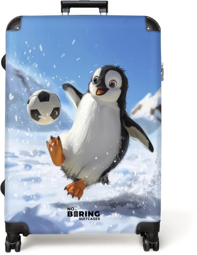 NoBoringSuitcases.com® - Koffer groot - Reiskoffer lichtgewicht - Pinguïn met voetbal in een sneeuwlandschap - Rolkoffer met 4 wielen - Grote trolley XL - 98 liter bagage