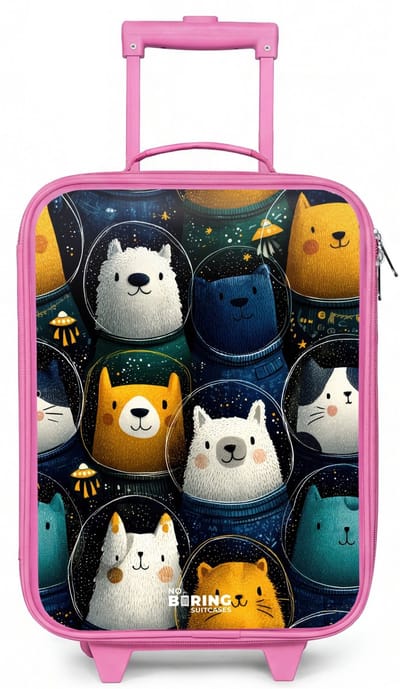 NoBoringSuitcases.com® - Kinderkoffer roze - Kindertrolley meisje - Dieren - Sterren - Planeten - Astronaut - Koffer kind lichtgewicht - Reiskoffer trolley voor kinderen - Koffertje met lichtgevende wieltjes - Rolkoffer