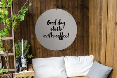 Tuincirkel Quotes - Spreuken - Koffie - Good day starts with coffee! - 90x90 cm - Ronde Tuinposter - Buiten
