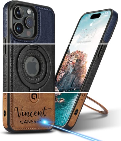 Gepersonaliseerde Perfeqt hoesje geschikt voor iPhone 15 leren BackCover met Kickstand & Keyring houder - opdruk Tekst Logo