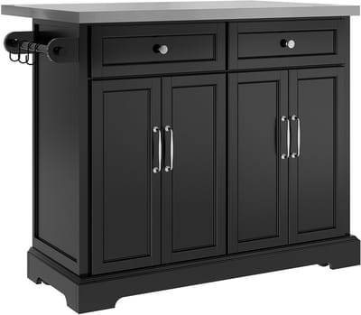 SoBuy Keukenwagen - Klapbare werkblad - 4 deuren en 2 laden - Zwart met zilveren blad - 71x107x92 cm | FKW71-III-SCH