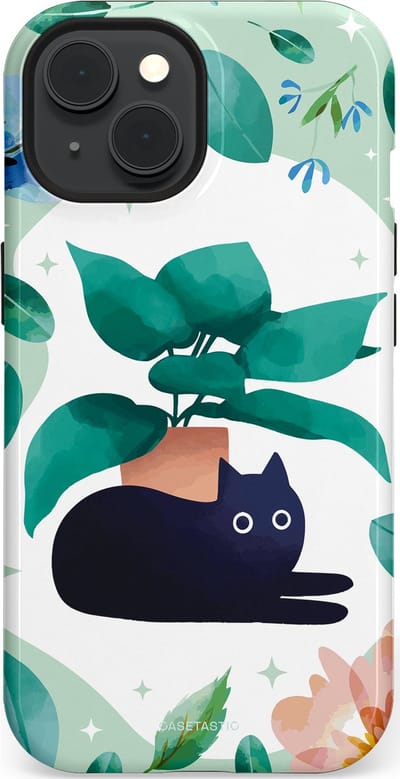 Casetastic hoesje geschikt voor Apple iPhone 15 - MagSafe - Dubbellaagse bescherming - Plantenkat - Fashion Case - Lichtgrijs Turquoise Wit Mintgroen