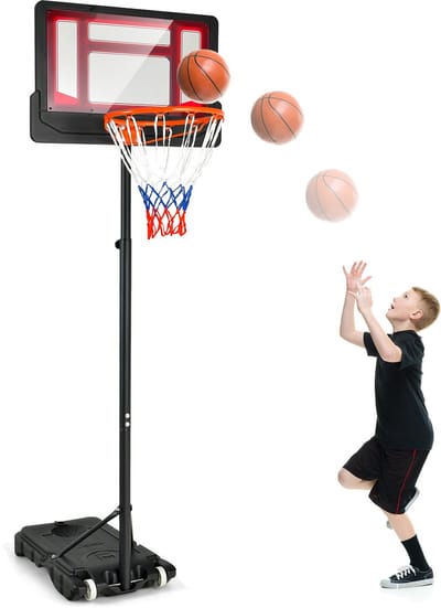 COSTWAY Basketbalstandaard, 154-210 cm, in hoogte verstelbaar, basketbalkorf met standaard en 2 wielen, mandsysteem voor kinderen, volwassenen, mobiel basketbalsysteem, weerbestendig