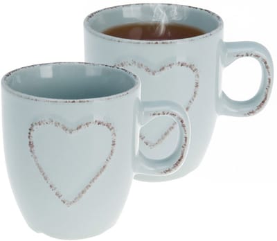 Siaki Koffiemokken set Heart - 2x - lichtblauw - 150 ml - mokken - met tekst - keramiek - giftset