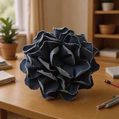 Broche-Boheemse denim rozenbroche 15 cm | Grote reversspeld en camelia haarclip voor dames en meisjes | Multifunctionele corsagebroche van denim materiaal-Denim met opgerolde randen (Donkerblauw)
